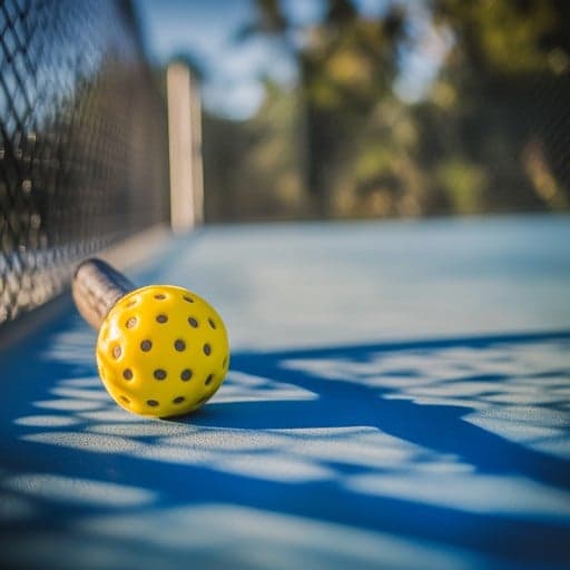 Pickleball ball close-up on blue court with net